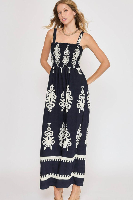 Umgee Full Size Smocked Printed Wide Leg Jumpsuit Plus Size - Shop Style & More | Fresh Looks, Everyday Deals & Free Shipping