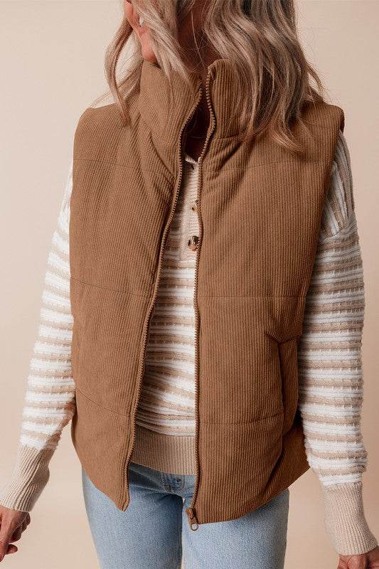 Coffee Corduroy Stand Neck Zipped Puffer Vest - Shop Style & More | Fresh Looks, Everyday Deals & Free Shipping