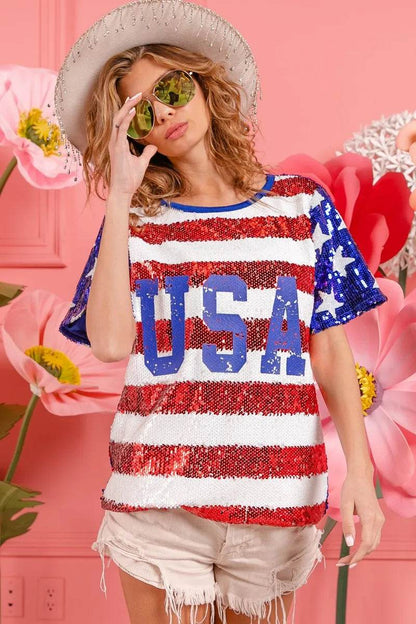 BiBi American Flag Theme USA Lettering Sequin Top - Shop Style & More | Fresh Looks, Everyday Deals & Free Shipping