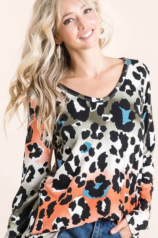 BiBi Gradation Leopard Print Soft Knit Deep U Neck Top - Shop Style & More | Fresh Looks, Everyday Deals & Free Shipping