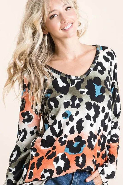 BiBi Gradation Leopard Print Soft Knit Deep U Neck Top - Shop Style & More | Fresh Looks, Everyday Deals & Free Shipping