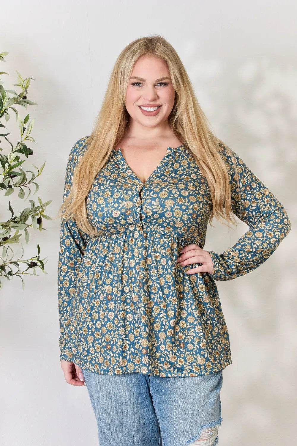 Heimish Full Size Floral Half Button Long Sleeve Blouse - Shop Style & More | Fresh Looks, Everyday Deals & Free Shipping