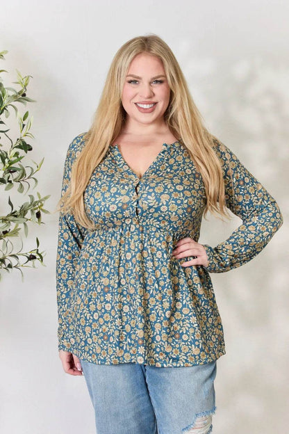 Heimish Full Size Floral Half Button Long Sleeve Blouse - Shop Style & More | Fresh Looks, Everyday Deals & Free Shipping