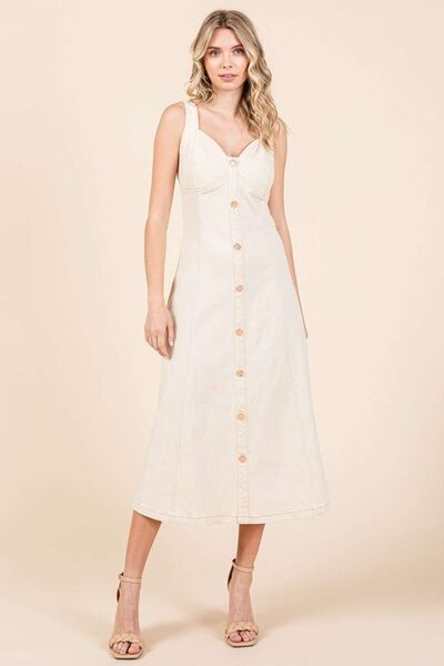 Mittoshop Stretch Twill Decor Button Sleeveless Midi Dress Sand Casual Dresses