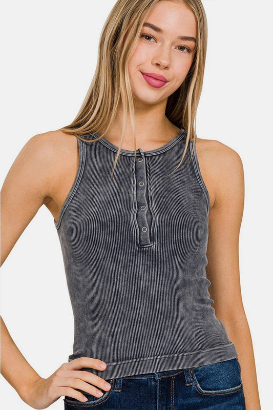 Zenana Washed Ribbed Half Snap Seamless Tank - Shop Style & More | Fresh Looks, Everyday Deals & Free Shipping