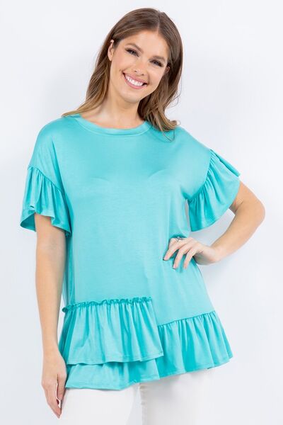 Celeste Full Size Ruffle Detail Asymmetrical Top Plus Size Aqua Blouses