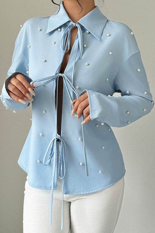 Solid Tie Front Pearl Embellished Fit Blouse - Shop Style & More | Fresh Looks, Everyday Deals & Free Shipping