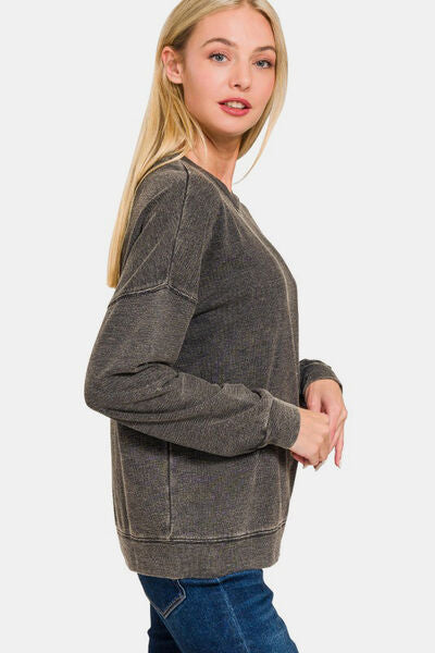 Zenana Washed Round Neck Dropped Shoulder Sweatshirt Hoodies & Sweaters