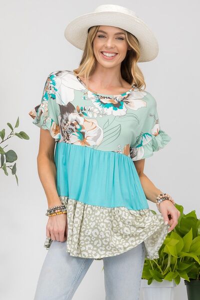 Celeste Printed Color Block Ruffled Short Sleeve Top Mint Floral Blouses