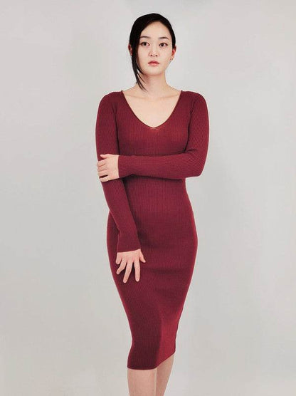 V-Neck Sheer Ribbed Knit Long Sleeve Sweater Dress - Shop Style & More | Fresh Looks, Everyday Deals & Free Shipping