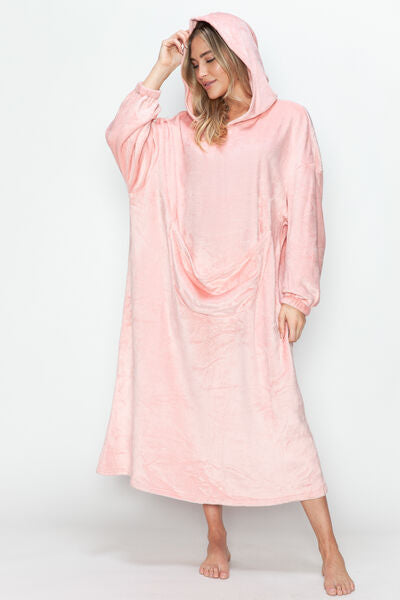 Double Take Full Size Pocketed Hooded Midi Lounge Dress Sleepwear