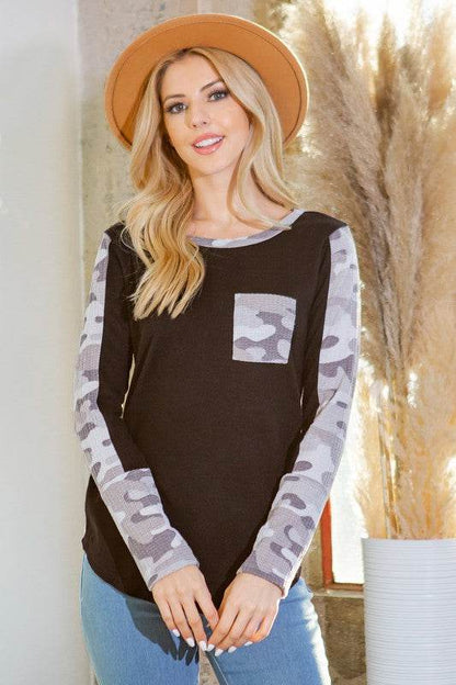 Textured Camo. Print Contrasted Sweater Knit Top - Shop Style & More | Fresh Looks, Everyday Deals & Free Shipping