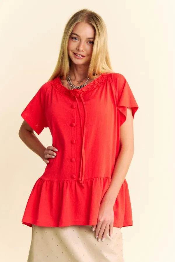 Davi & Dani Solid Lace Trim Neck Short Sleeve Peplum Top - Shop Style & More | Fresh Looks, Everyday Deals & Free Shipping