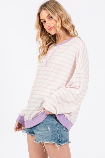 Ces Femme Striped Round Neck Drop Shoulder Sweatshirt Hoodies & Sweaters