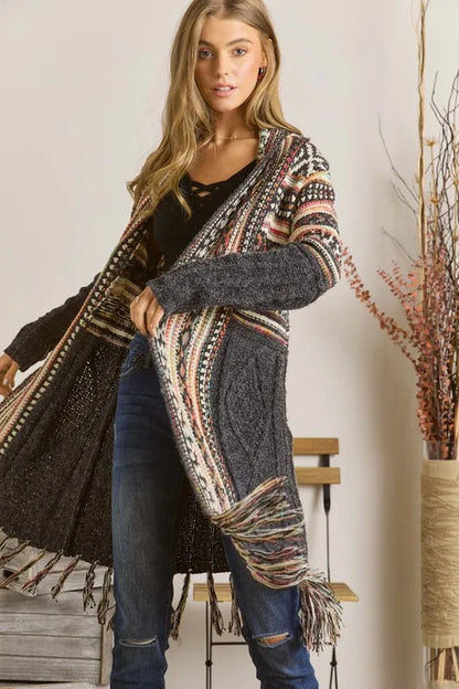 ADORA Full Size Fringe Hem Aztec Cardigan Plus Size Women's Outerwear