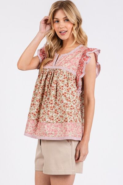 Mittoshop Floral Notched Ruffled Cap Sleeve Blouse Blouses