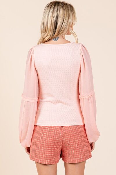 Mittoshop Mixed Media Textured Knit Chiffon Long Sleeve Top Blouses