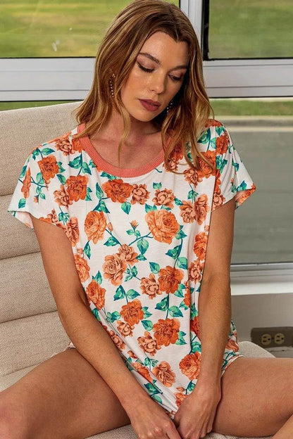 BiBi Rose Print Thermal Neck Binding Dolman Sleeves Top - Shop Style & More | Fresh Looks, Everyday Deals & Free Shipping