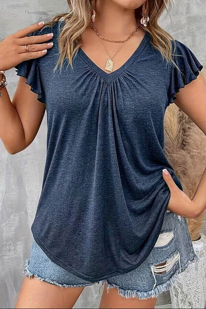 Plus Solid V Neck Ruffle Ruched Fit Top - Shop Style & More | Fresh Looks, Everyday Deals & Free Shipping