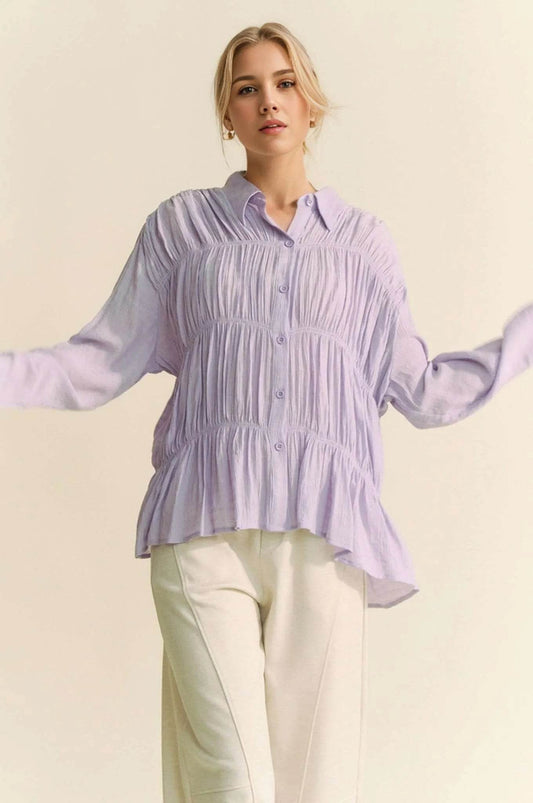 Davi & Dani Ruched All Over Button Front Shirt - Shop Style & More | Fresh Looks, Everyday Deals & Free Shipping