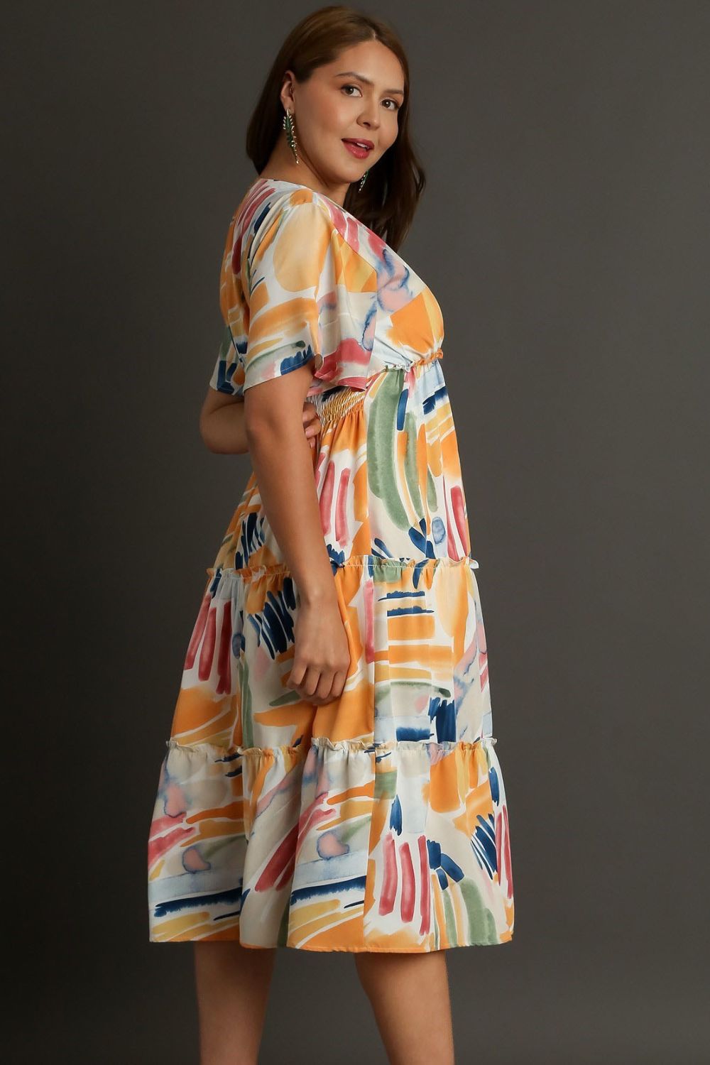 Umgee Full Size Abstract Print Flutter Sleeve Frill Tiered Midi Dress Plus Size Casual Dresses