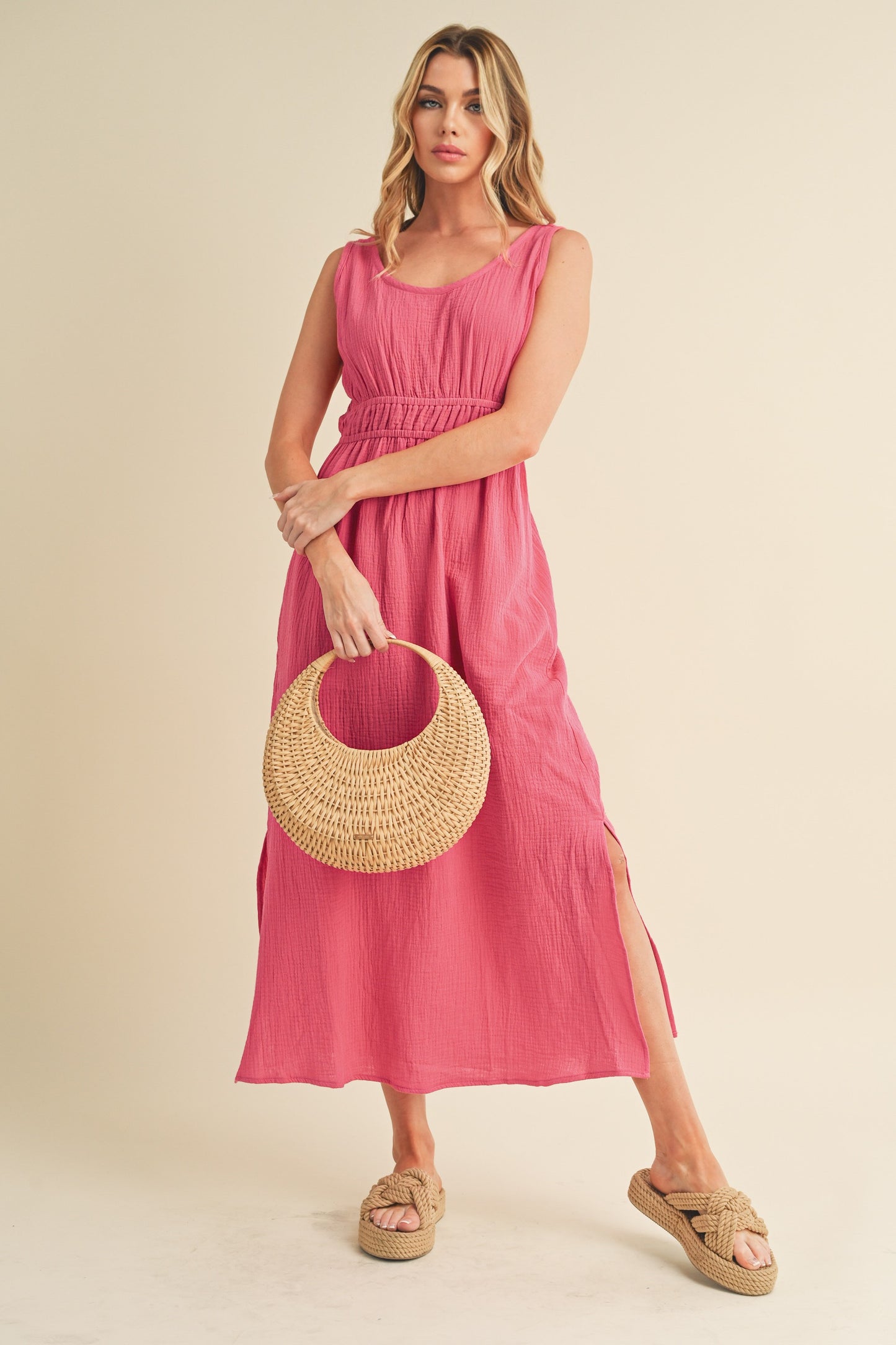 Aemi + Co Side Slit Round Neck Sleeveless Tank Dress Hot Pink Casual Dresses