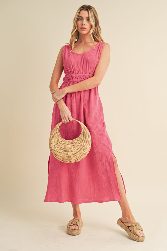 Aemi + Co Side Slit Round Neck Sleeveless Tank Dress Hot Pink Casual Dresses