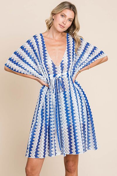 Cotton Bleu Cover-Up by Nu Lab Tied Striped Plunge Half Sleeve Royal Blue Cover-Ups