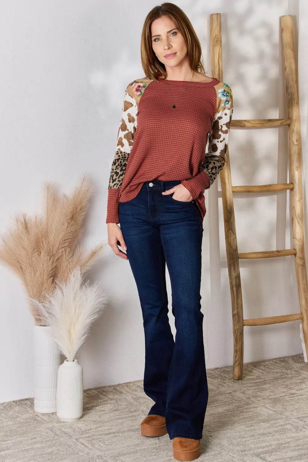Hailey & Co Full Size Leopard Waffle-Knit Blouse - Shop Style & More | Fresh Looks, Everyday Deals & Free Shipping