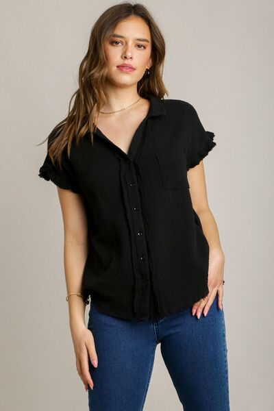 Umgee Full Size Frayed Hem Collared Neck Short Sleeve Shirt Plus Size Black Blouses