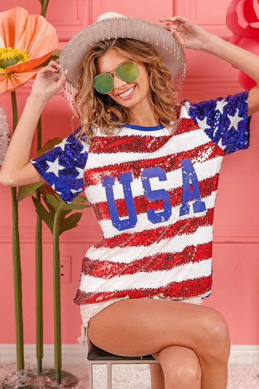 BiBi American Flag Theme USA Lettering Sequin Top - Shop Style & More | Fresh Looks, Everyday Deals & Free Shipping