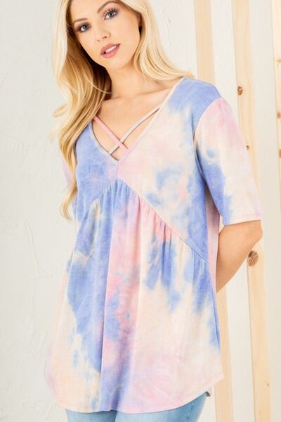 Heimish Full Size Crisscross Tie Dye Babydoll Top Plus Size Blouses