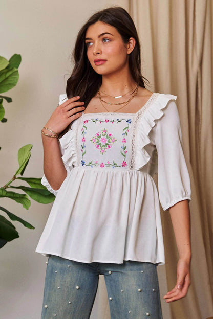 Davi & Dani Texture Tie Back Floral Embroidery Frill Blouse - Shop Style & More | Fresh Looks, Everyday Deals & Free Shipping