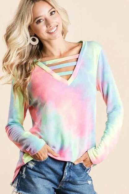 BiBi Tie Dye French Terry V-Neck Top with Strapped - Shop Style & More | Fresh Looks, Everyday Deals & Free Shipping