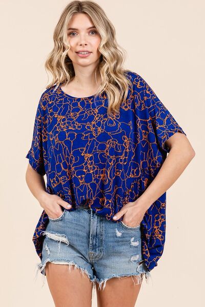 Mittoshop Abstract Print Round Neck Short Sleeve Top Dark Blue Blouses