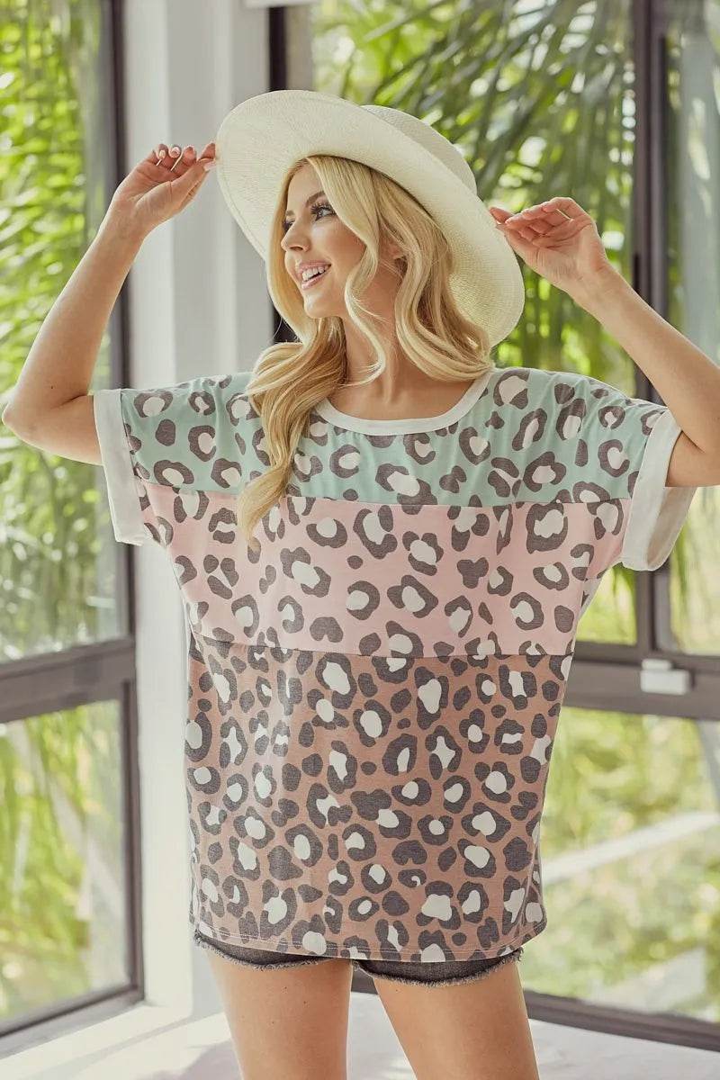 BiBi Leopard Printed Jersey Color Block Roll Up - Shop Style & More | Fresh Looks, Everyday Deals & Free Shipping