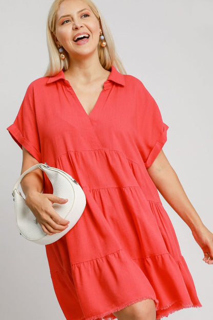 Umgee Full Size Raw Hem Folded Sleeve Tiered Dress Plus Size Casual Dresses