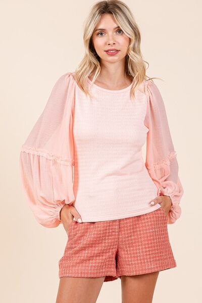 Mittoshop Mixed Media Textured Knit Chiffon Long Sleeve Top PEACH Blouses