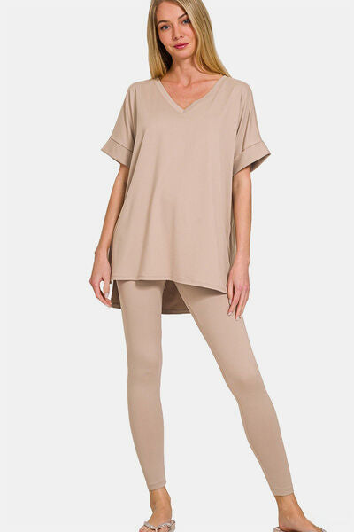 Zenana Full Size V-Neck Rolled Short Sleeve T-Shirt and Leggings Lounge Set Lt Mocha Lounge Set