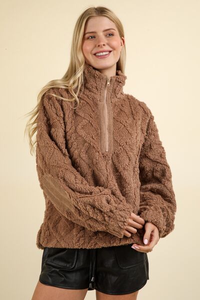 VERY J Fuzzy Fleece Half Zip Cable Pattern Sweatshirt Mocha Hoodies & Sweaters