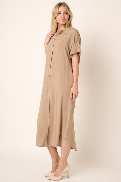 Mittoshop Collared Neck Dolman Short Sleeve Midi Shirt Dress Casual Dresses