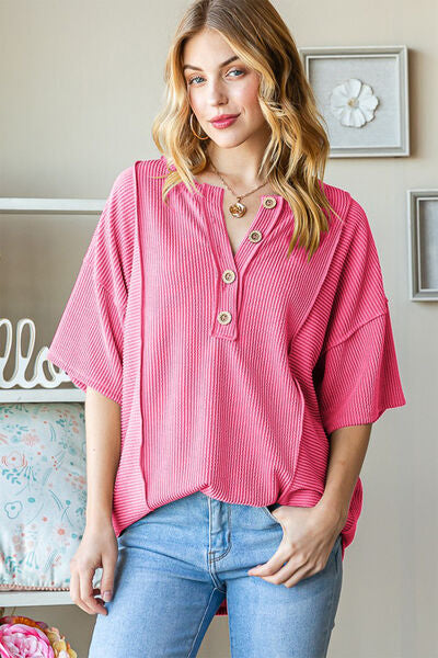 Heimish Ribbed Half Button Top - Full Size Drop Shoulder Style HOT PINK Blouses