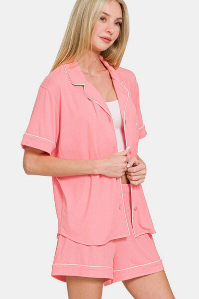 Zenana Button Down Short Sleeve Top and Shorts Lounge Set Lounge Set