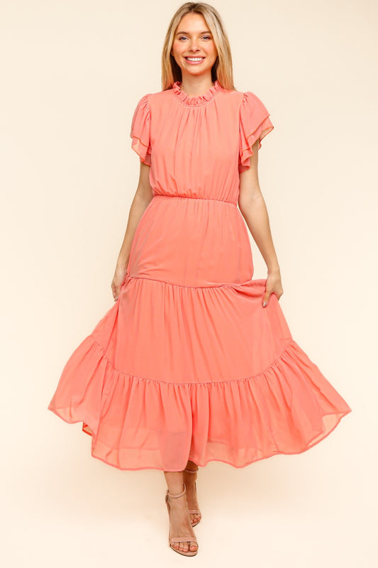 Haptics Full Size Tiered Frill Mock Neck Short Sleeve Dress Peach Casual Dresses