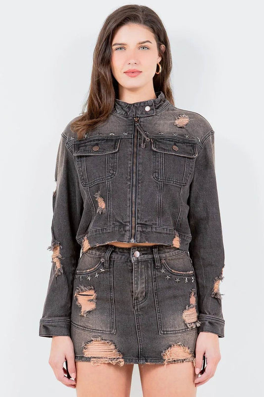 American Bazi Full Size Distressed Star Stud Trim Denim Rider Jacket Plus Size - Shop Style & More | Fresh Looks, Everyday Deals & Free Shipping