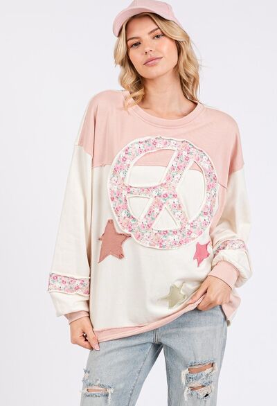 SAGE + FIG Peace & Star Patch Contrast Round Neck Sweatshirt Hoodies & Sweaters