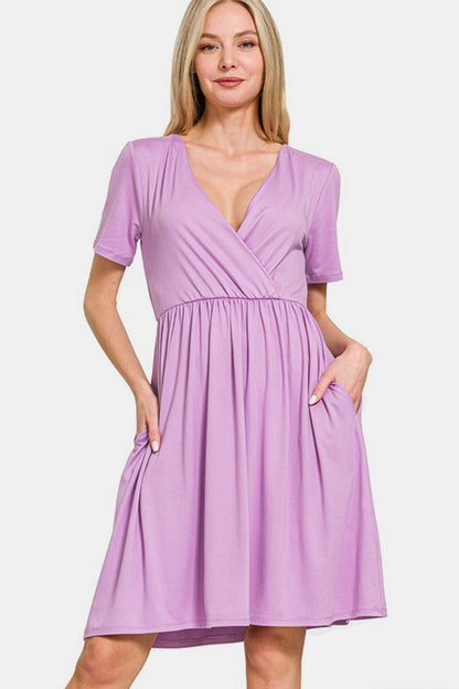 Zenana Surplice Short Sleeve Brushed DTY Dress Pink Purple Casual Dresses