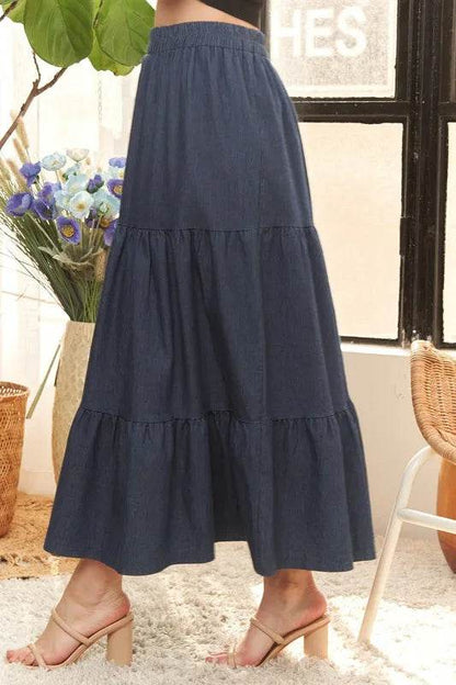 ADORA Waist Band Tiered Denim Maxi Skirt - Shop Style & More | Fresh Looks, Everyday Deals & Free Shipping