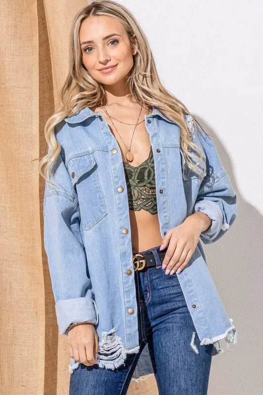 And The Why Button Front Flap Pocket Ripped Denim Jacket - Shop Style & More | Fresh Looks, Everyday Deals & Free Shipping