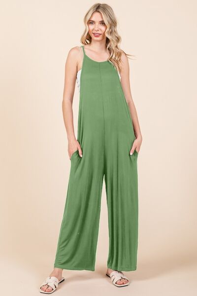 Culture Code Full Size Sleeveless Wide Leg Jumpsuit with Pockets Green Marble Jumpsuits